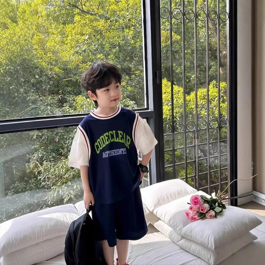 Boys' Sports Suit Summer Short Sleeved Basketball Suit Set Thin Quick Drying Basketball Suit Color Blocked Fashion Sports Style