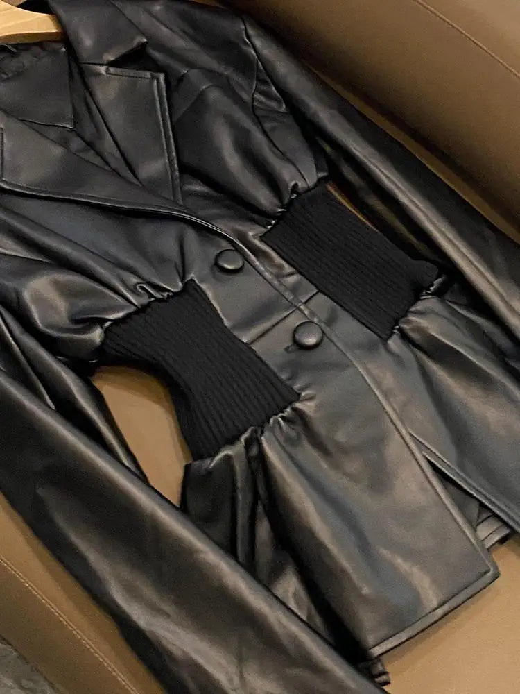 Black Suit PU Jacket Women Tops Splicing Knitted Waist Cinching Silhouette Suit Coat Winter Clothes Loose Casual Blazers Women