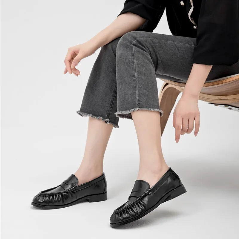 Lady Loafers 2026 Model Handcrafted Retro Pleated Single Shoes for Women, Women's Low-Heeled Leather Suede Shoes