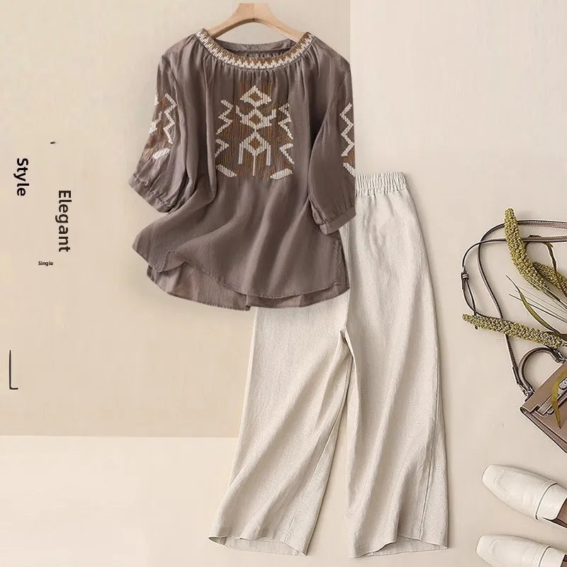 Fashionable Retro Linen Top And Pants Set for Women High End Cotton Linen Two Piece Suit Summer New Arrival Elegant Momwear