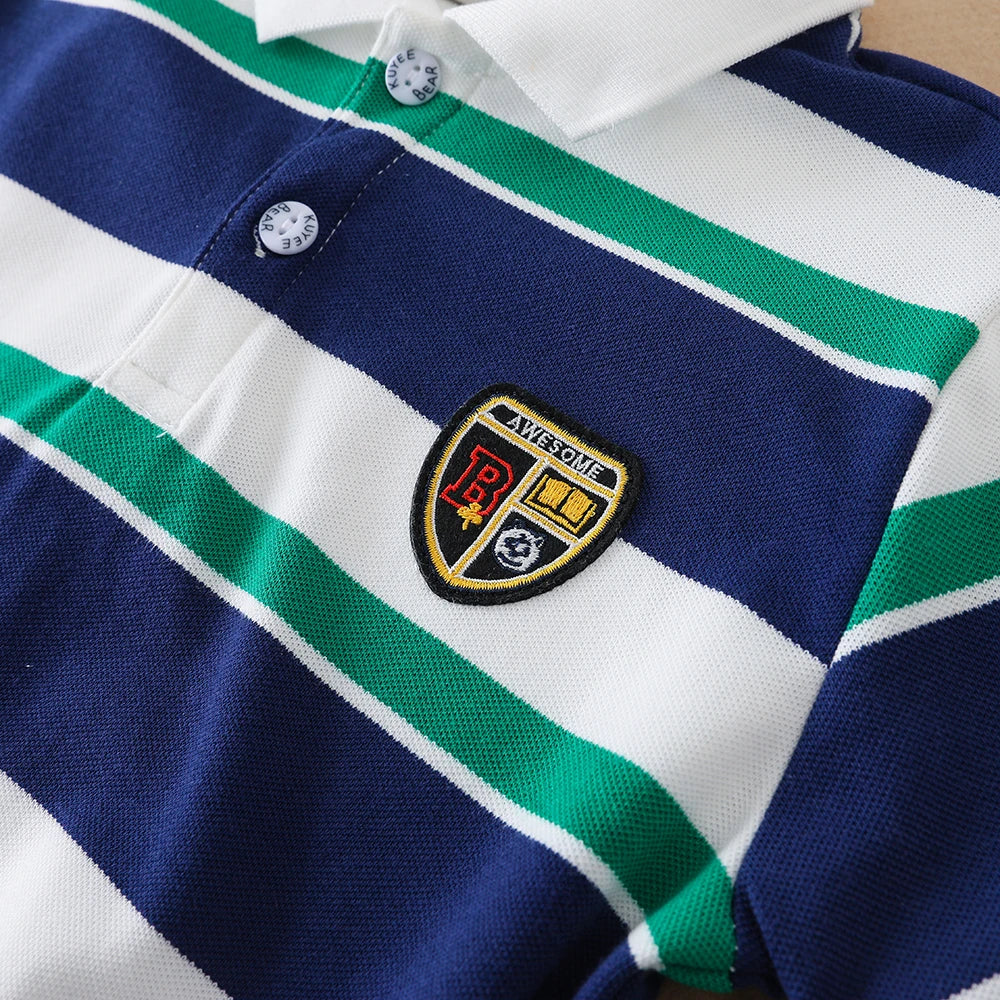 Boys Striped Polo Shirts 5-12 Years Kids Summer Short Sleeve Lapel T-Shirt Casual Badge Top Children School Uniform Tee