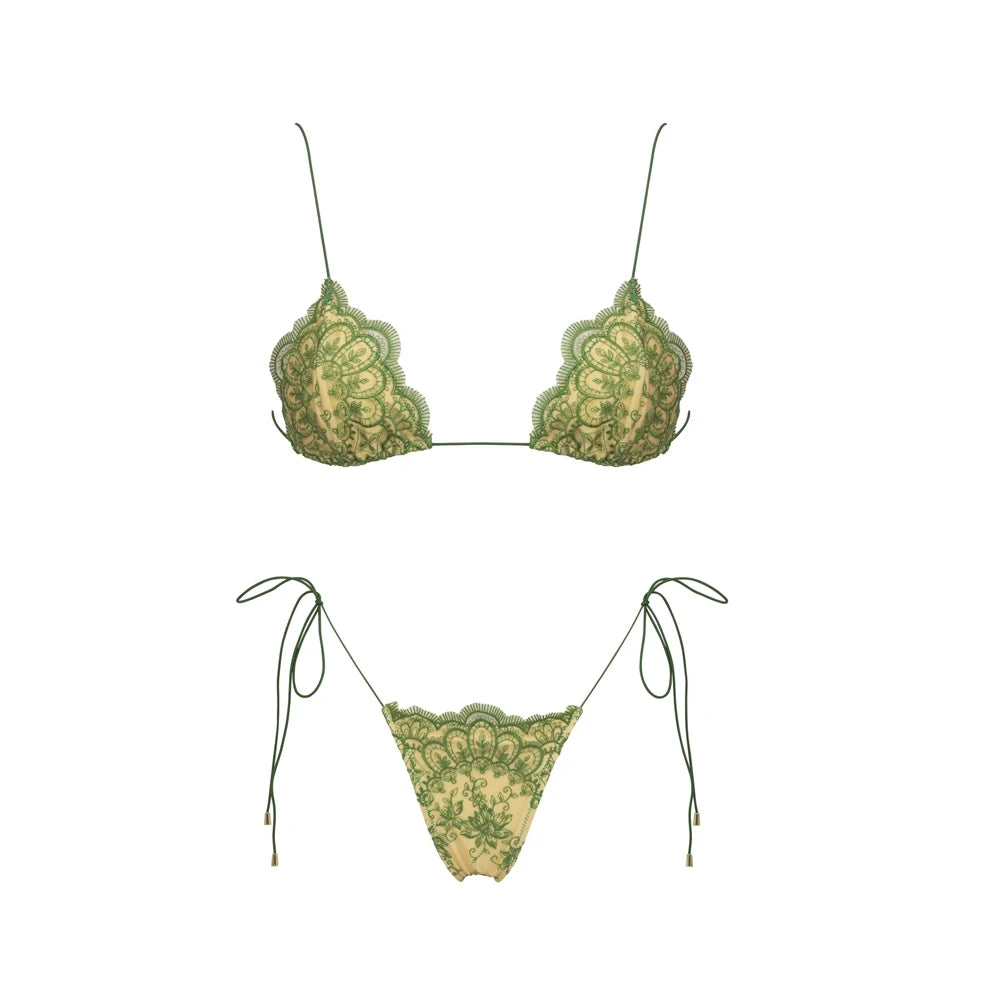 Mesh Bikini with Pants Swimsuit Brazilan Bikini Set Swimwear for Women Lace Halter Shirring 3 Pcs Bathing Suits Summer Female