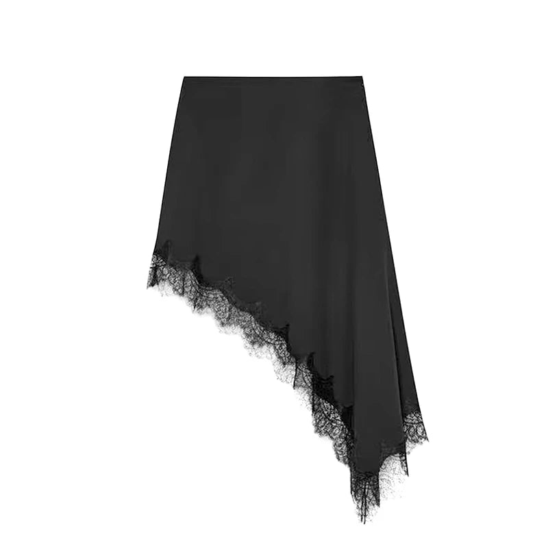 Elegant Satin Spliced Lace Long Dress Women Hollow Out O-neck Short Sleeve Asymmetric Dresses 2026 Spring Lady Chic Party Robes