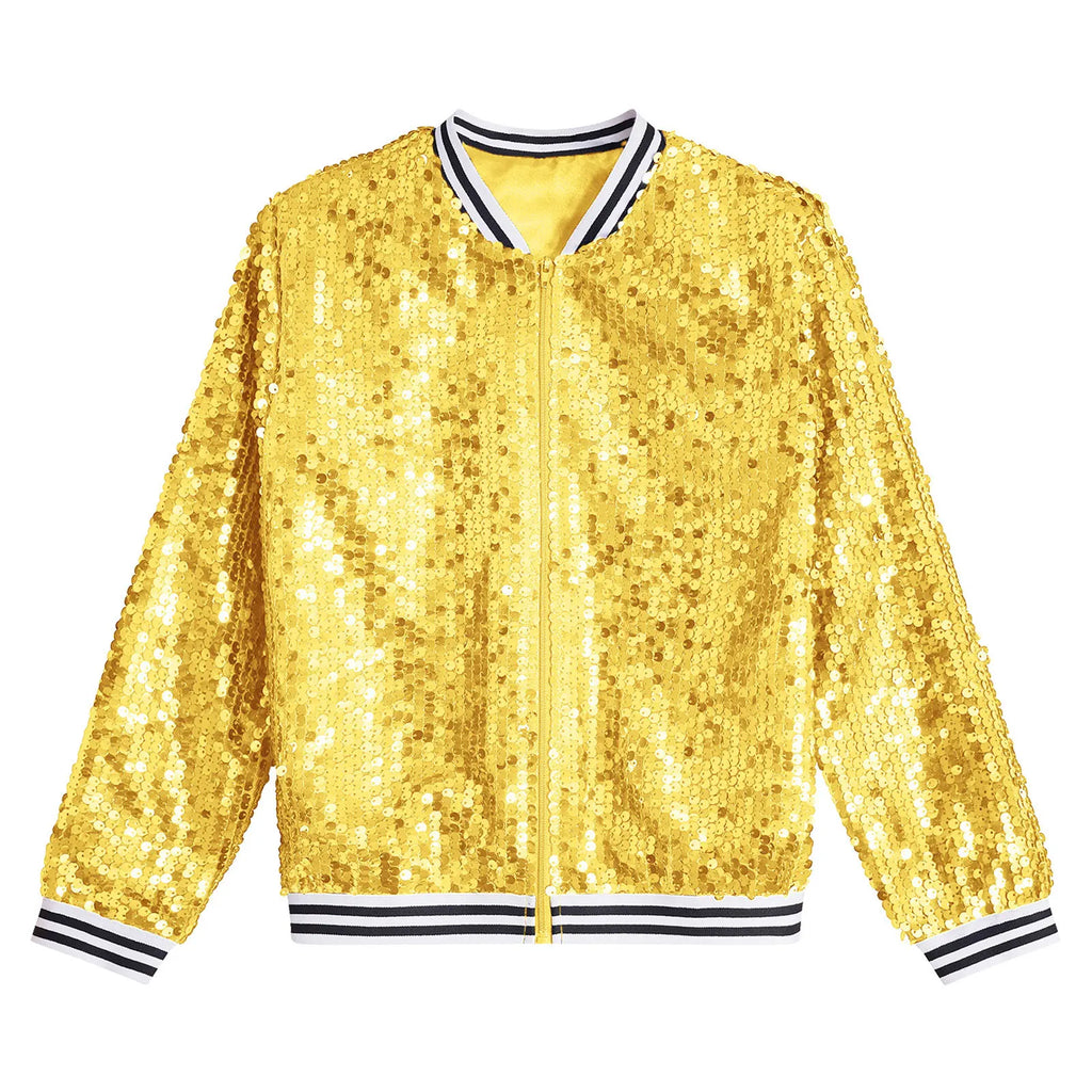 Kids Girls Hip Hop Jazz Dance Coat Long Sleeve Shiny Sequins Baseball Jackets Bomber Outerwear Rave Party Performance Costume