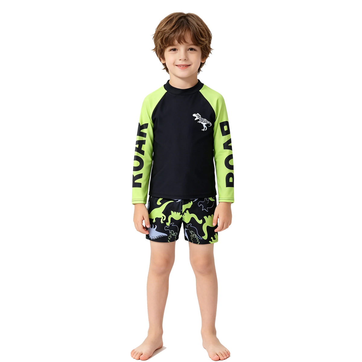 Boys 2-Piece Dinosaur Swimwear Long Sleeve Children Swimsuit Rash Guard Top+Shorts Bathing Suit For Toddler Kids Beach Pool