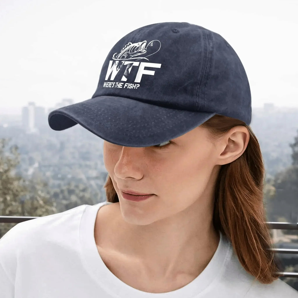 WTF Where's The Fish Hats for Man Fishing Here Fishy Fishy Hats for Men Baseball Funny Trucker Men Black Gym Caps Navy Blue