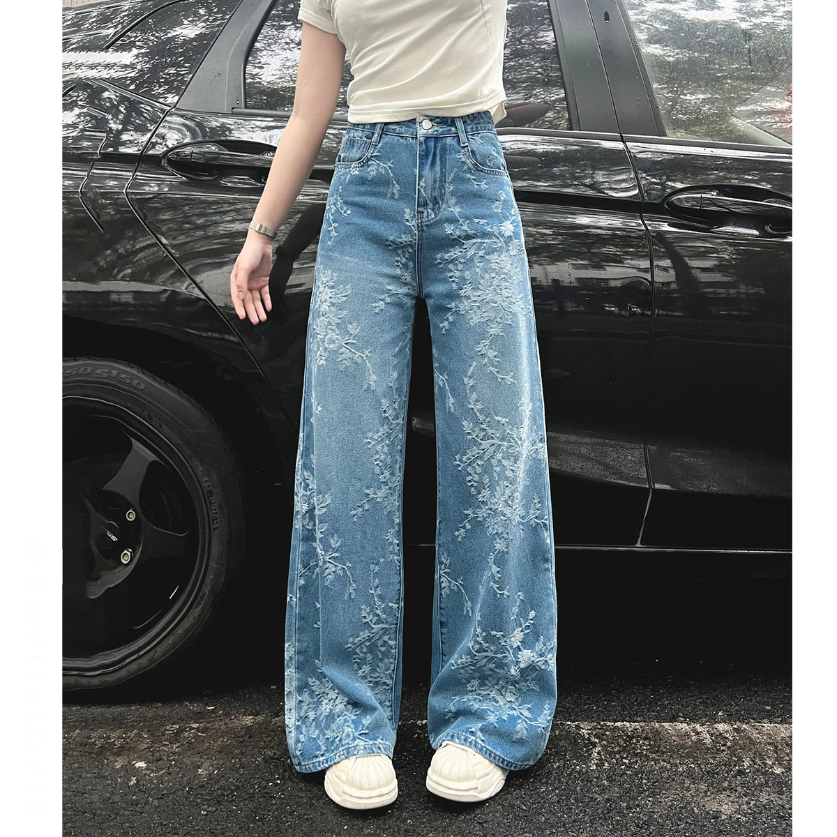 Women's Embroidered Floral Wide Leg Jeans High Waist Slim Fit Straight Cut Summer New Sle Thin Version Casual Denim Pants