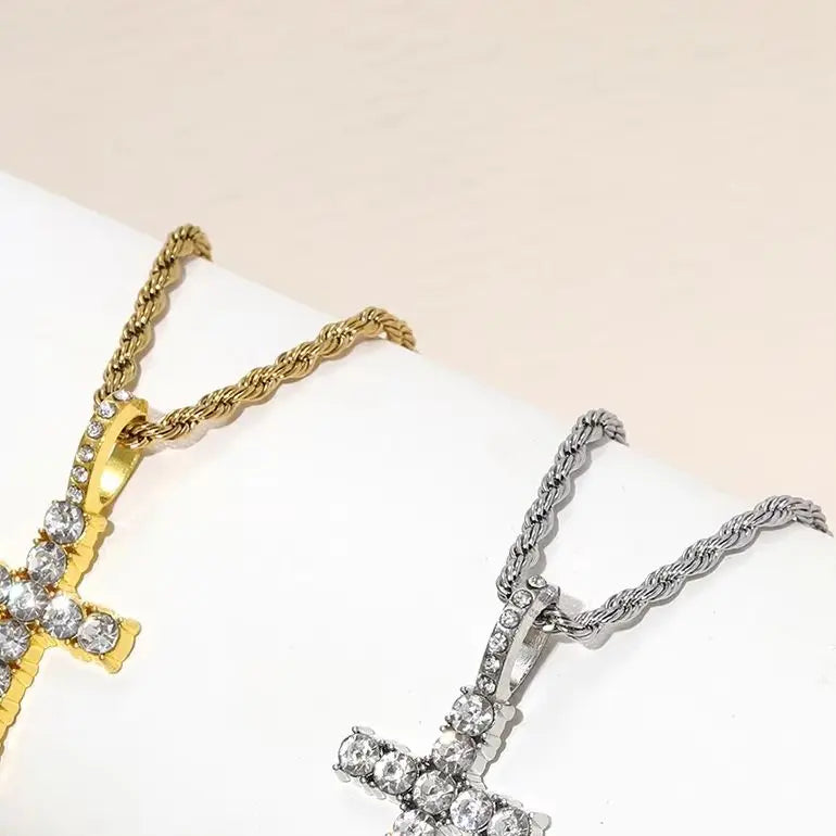 Cross Necklace for Men Gold Necklace for Women Cross Jewelry Silver Plated Solid Iced Cubic Zirconia Stainless Steel Pendant