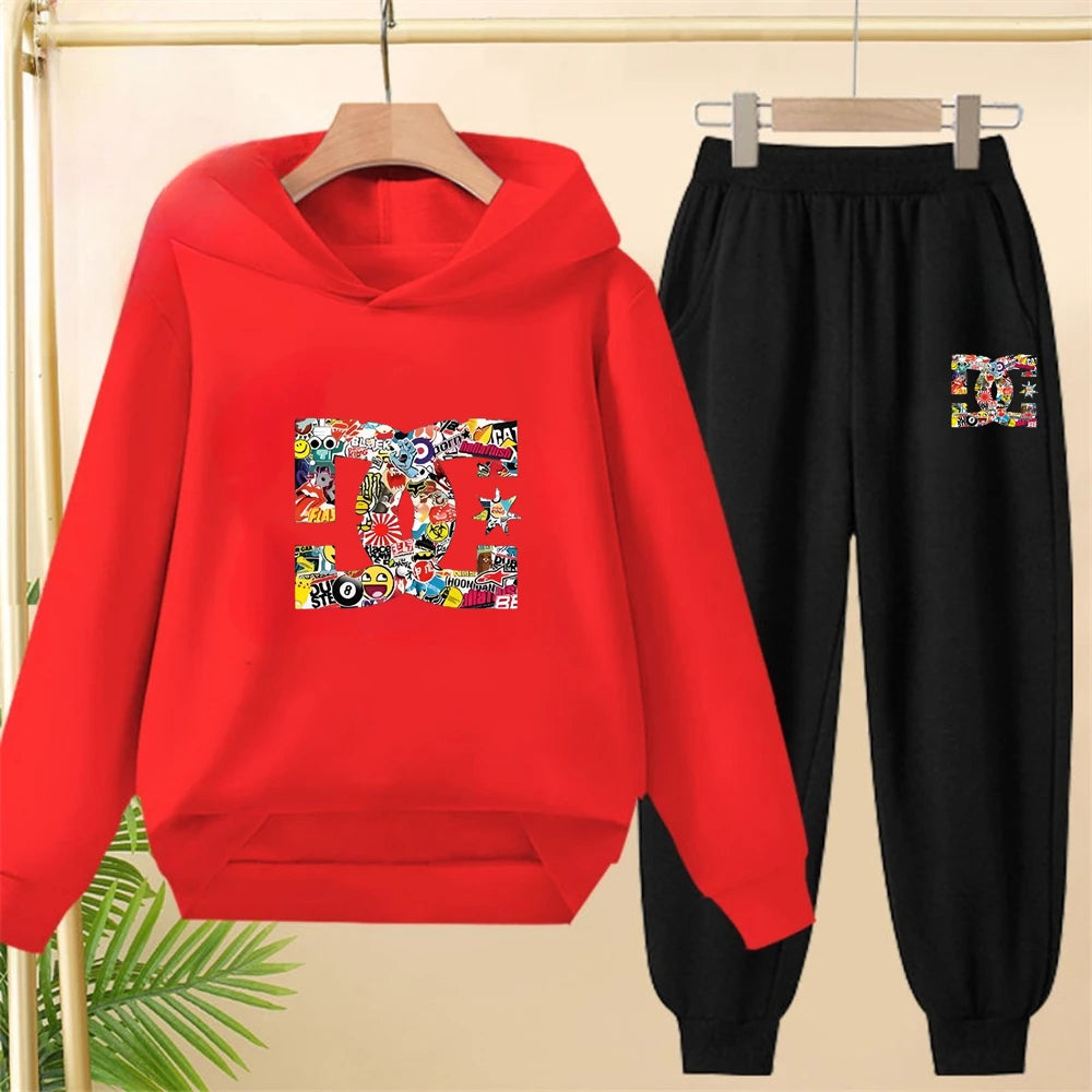 Children's hoodie 3-12 years girls pink boy black tops+pants set leisure sweatshirt printing fashion Kids autumn clothing
