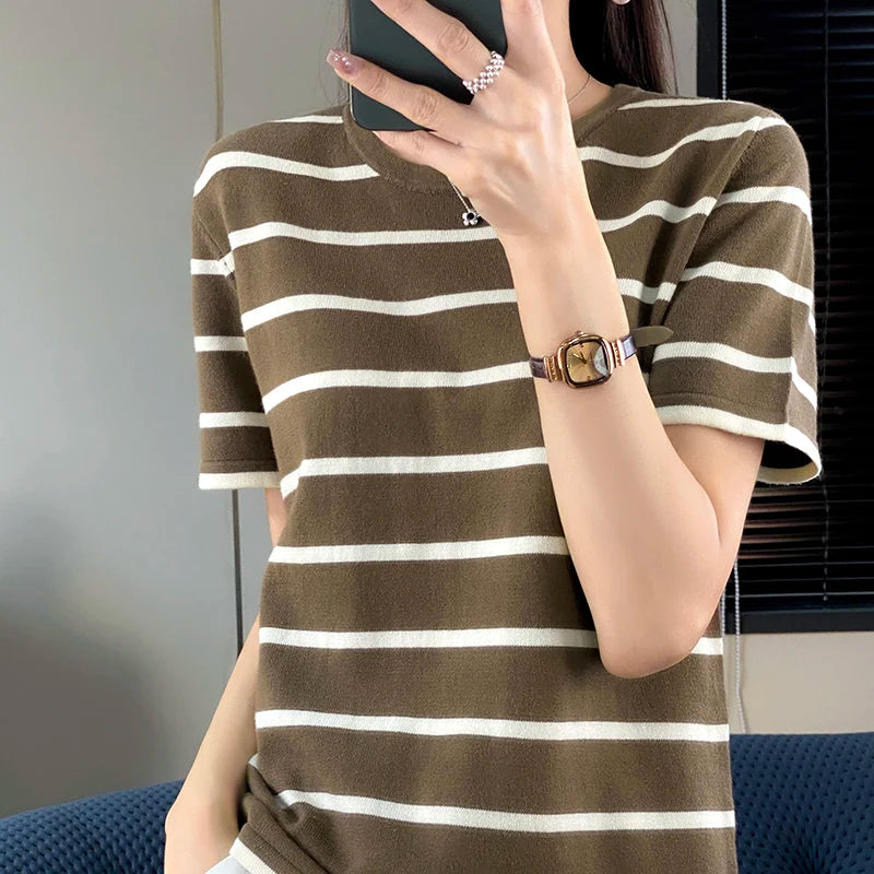 WinvyNee Summer Women 100% Cotton Striped T Shirt Women Clother Tops Short Sleeve O neck Sweater Casual Basic Pullover A1092006