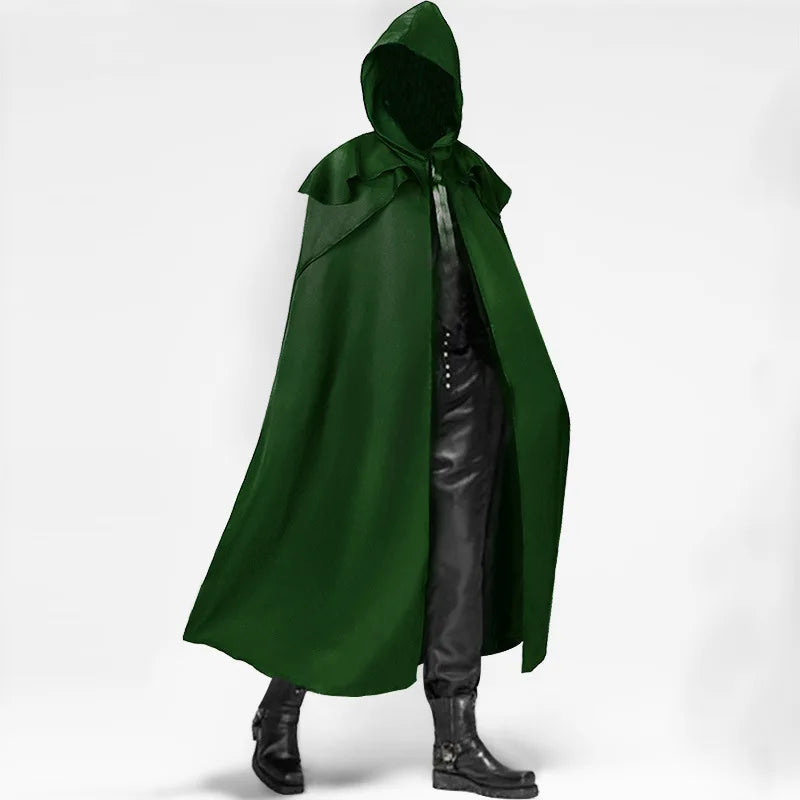 2026 Medieval Men's Black Retro Cosplay Hooded Cape Gothic Long Cloak Jacket, Red Green Blue Available, Unisex Jacket