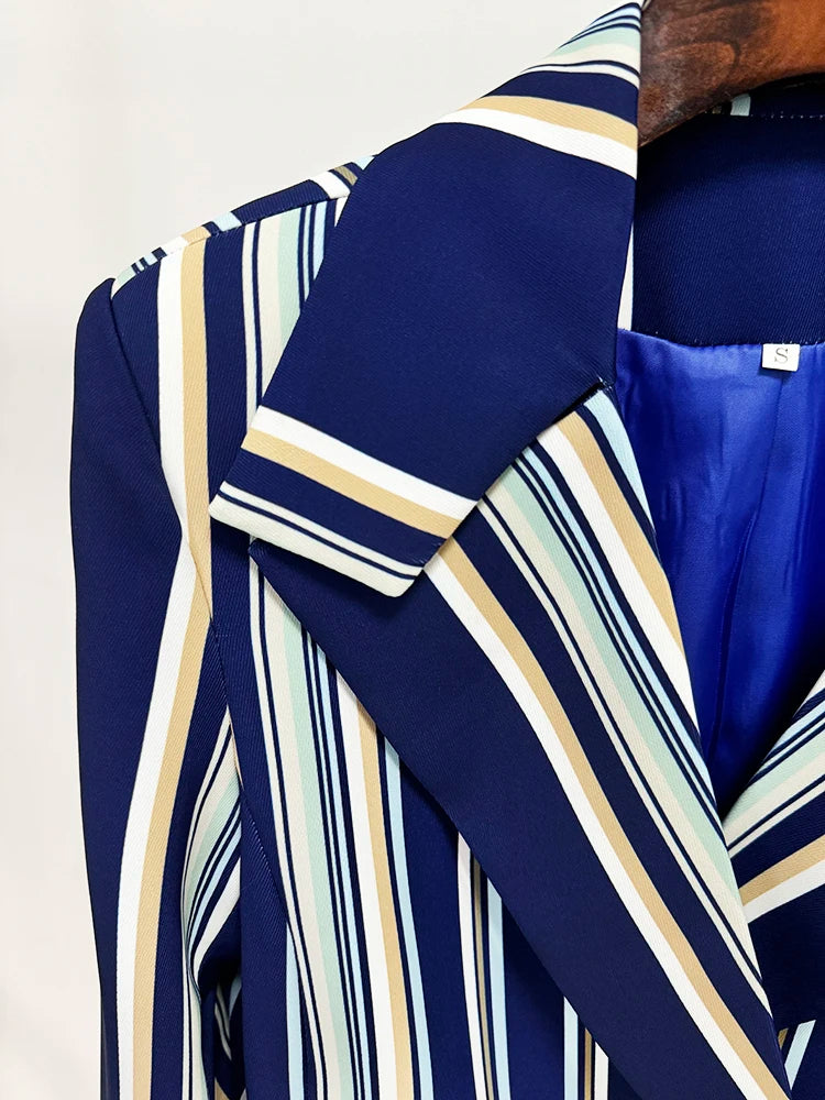 HIGH STREET Newest Fashion 2026 Designer Runway Suit Set Women's Colorful Striped Blazer Jacket Flare Pants Set 2pcs