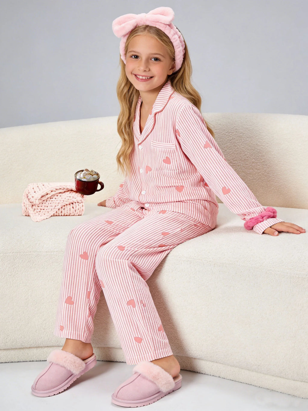 Girls' fashionable pajamas for spring and autumn, casual heart-shaped striped top and pants, suitable for daily home wear