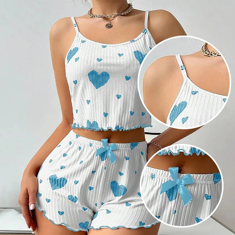 Teen girl Pajamas Set Sleepwear 2 PCS Short Tank Tops And Shorts S M L White Ventilate Soft Casual Love Printing