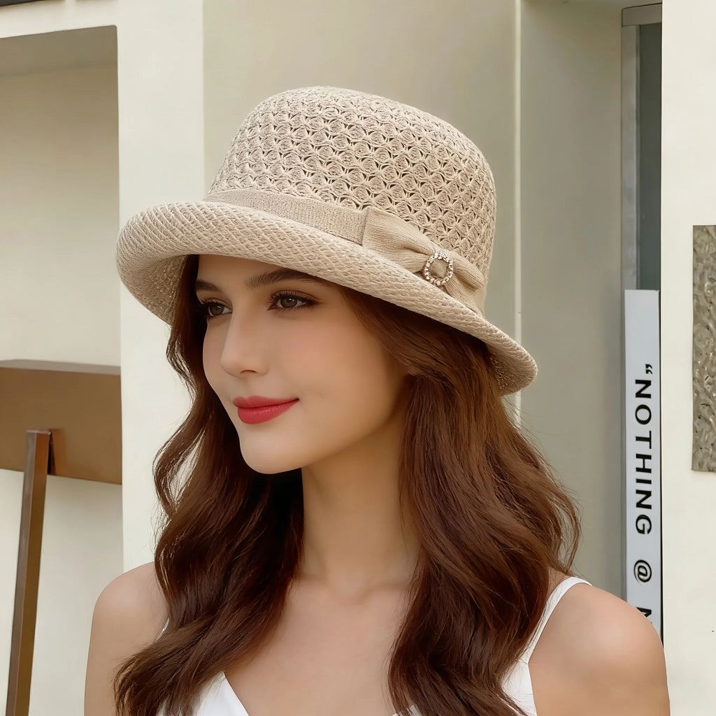 Women's Bucket Hat Features Breathable Crochet Design Bow Rhinestone Clasp,Casual Outings Vacations Summer Activities
