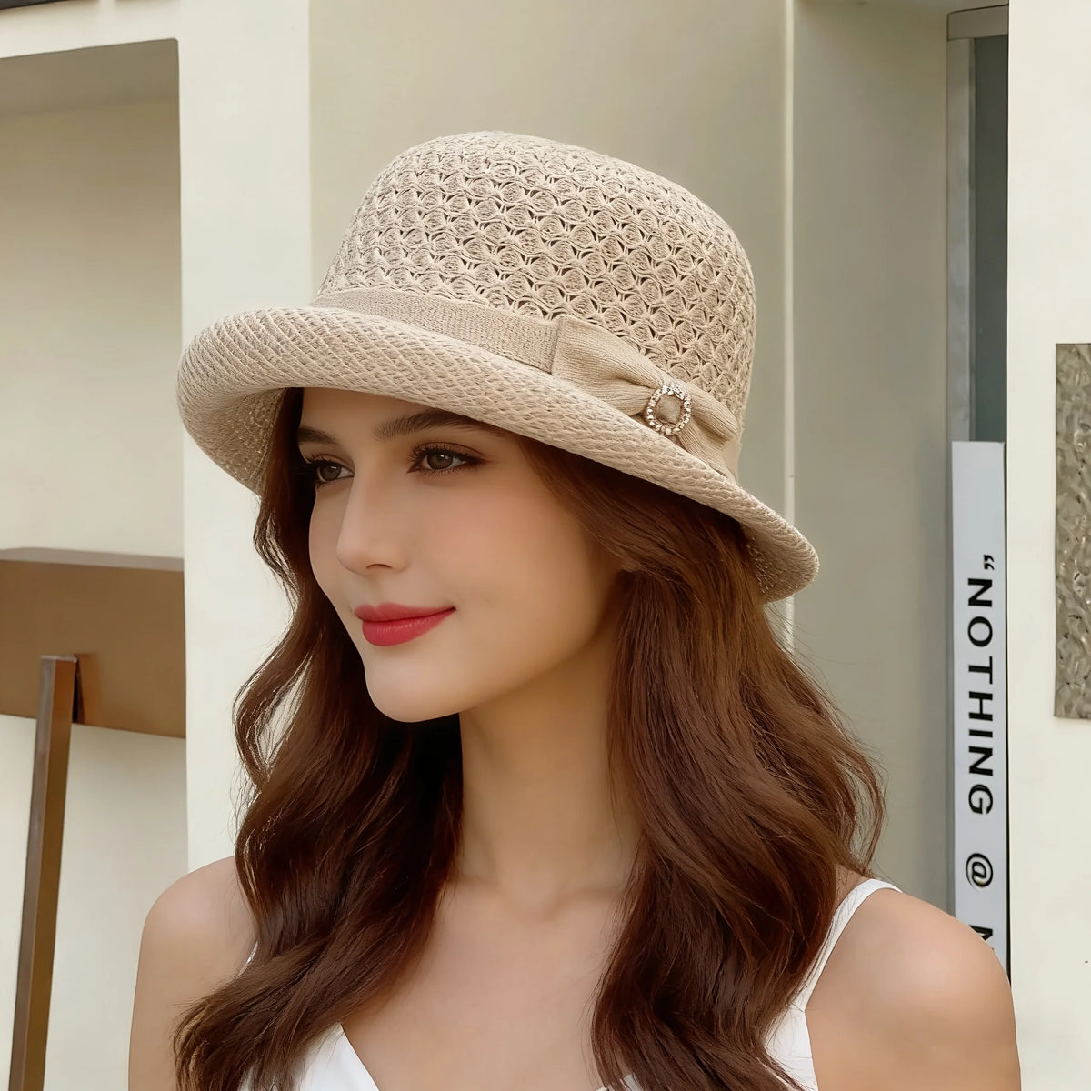 Women's Bucket Hat Features Breathable Crochet Design Bow Rhinestone Clasp,Casual Outings Vacations Summer Activities