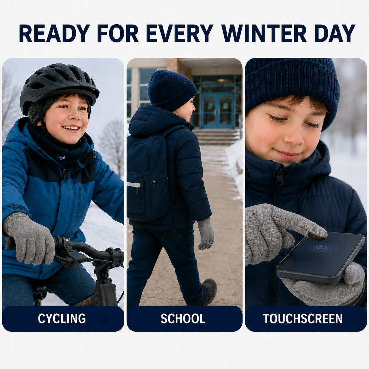 Kids Winter Touchscreen Gloves Warm Fleece Lined Anti Slip Silicone Palm Bike Gloves for Boys Girls Outdoor Cycling Sports