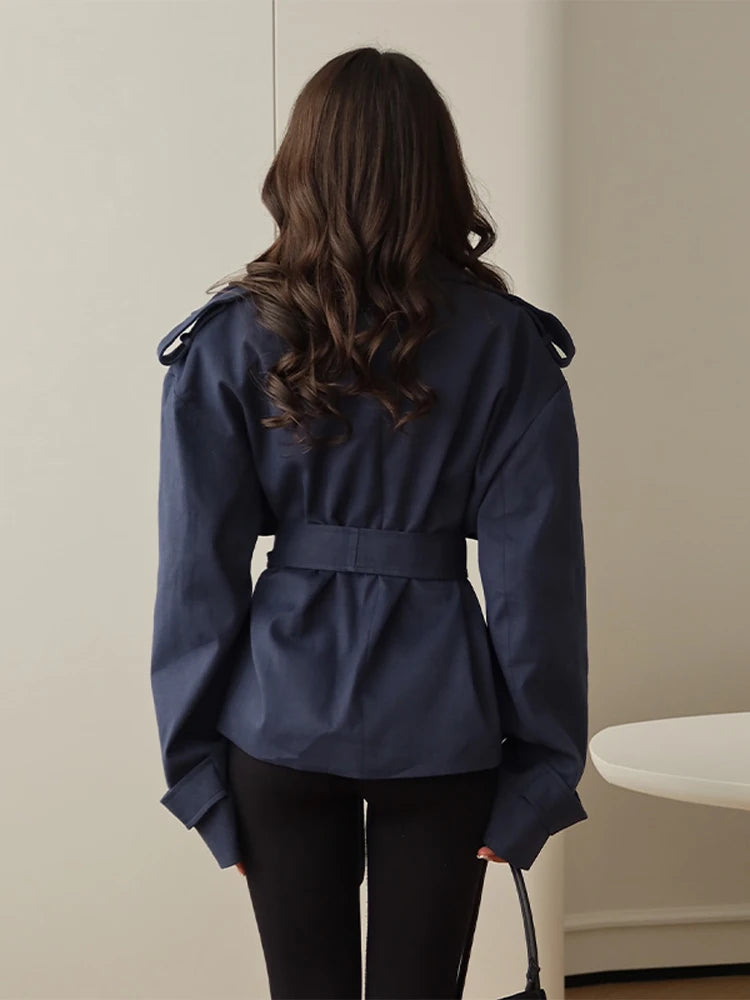 Elegant Lapel Lace Up Women's Windbreaker Solid Loose Full Sleeve Belt Double Breasted Coats Female 2026 Spring Female Jackets