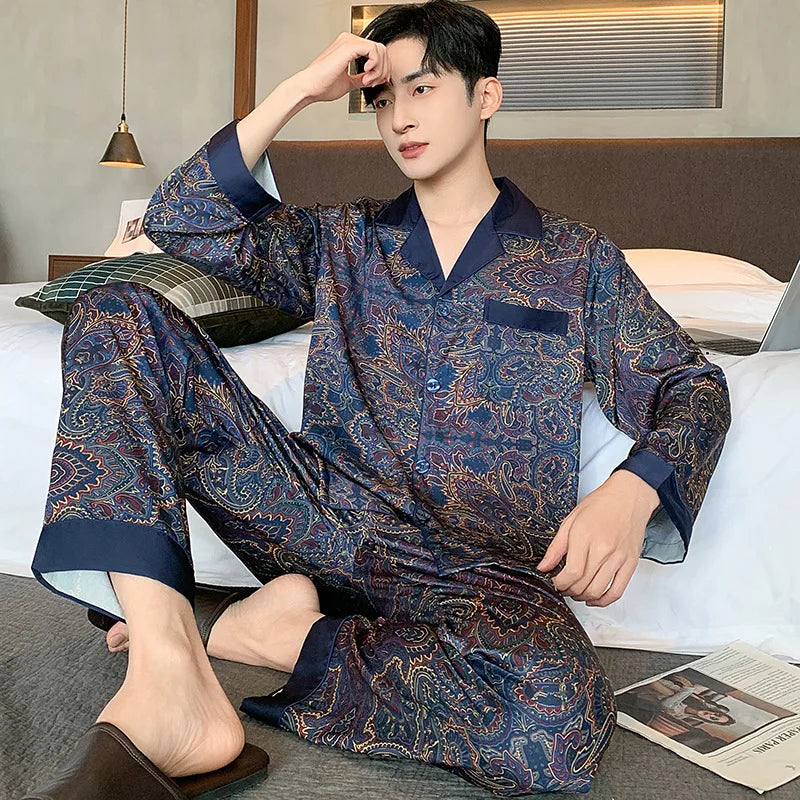 High Quality Men Pajamas Suit Spring Fall Ice Silk High-end Long-sleeved Sleepwear Set Female Ethnic Style Large Size Loungewear