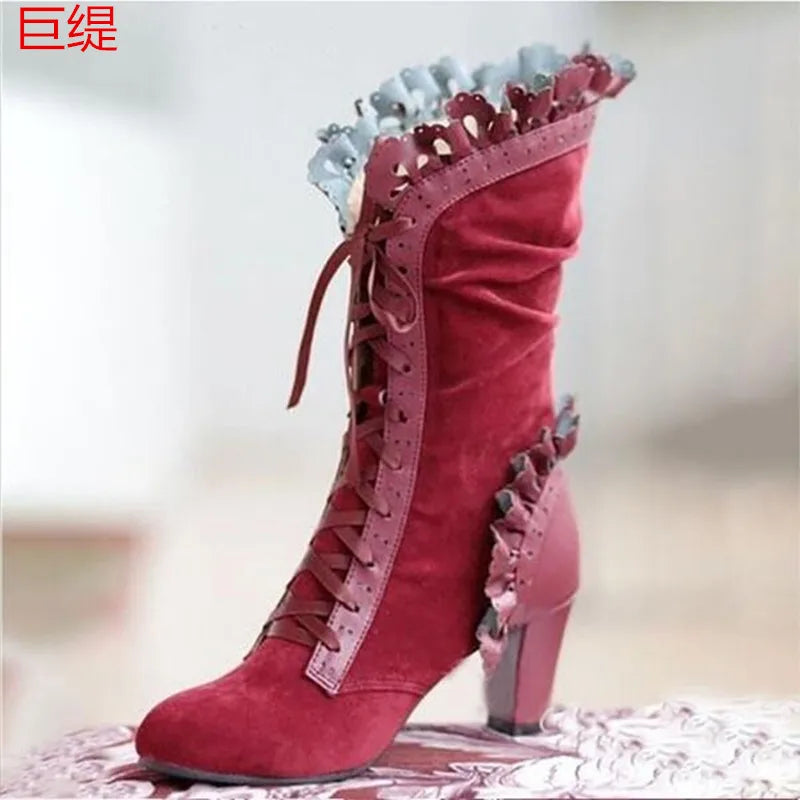 Women's Boots High Heel Boots Women Steampunk Women Sexy Leather Suede Boots Autumn Vintage Winter Shoes Lace Up
