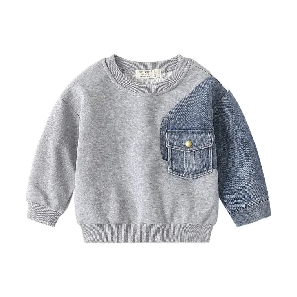 Boys Denim Sweatshirt Kids Stitching Sleeved Loose Sweater Casual Hoodies 2025 Spring Autumn Children's Street Style Clothing