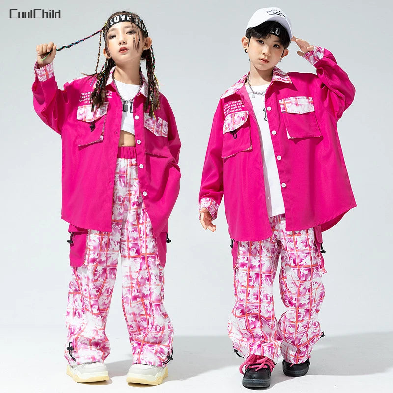 Hip Hop Girls Street Dance Jacket Contrast Cargo Pants Boys Shirt Joggers Clothes Set Kids Streetwear Child Jazz Costumes Outfit