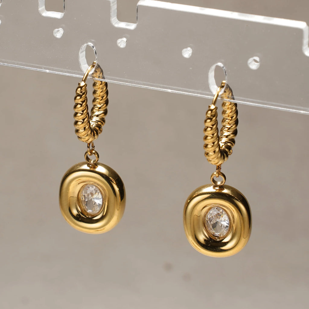 Women 2 Piece 18K Gold Plated Zircon Jewelry Set, Twisted Hoop Drop Earrings And Open Ring, Waterproof Stainless Steel