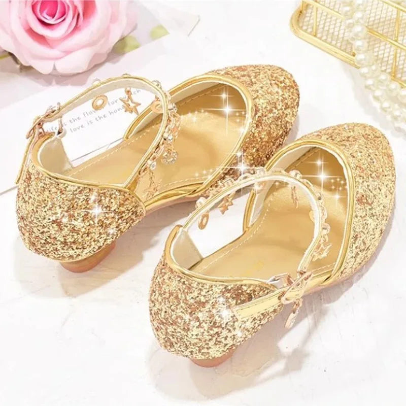 Dancing Shoes Due To Gold for Girls Glitter Shoes Heels Girls Princess Flowergirl Dresses Golden Girl Child Shoe for Wed