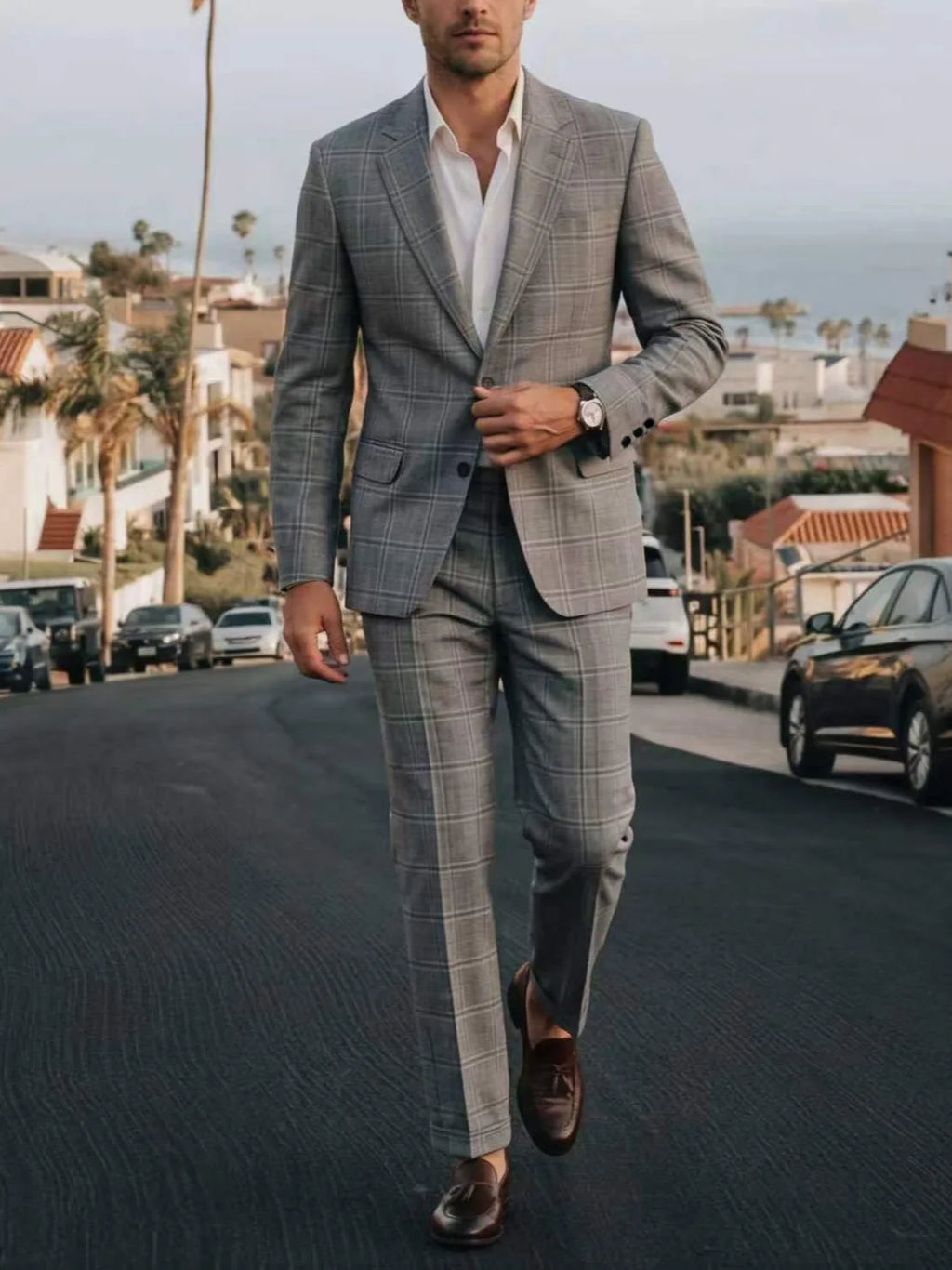 Men Suits  Two Pieces Blazers Ankle Length Straight Pants Plaid Blazer Zipper Fly Business Spliced Summer Office Male 2026