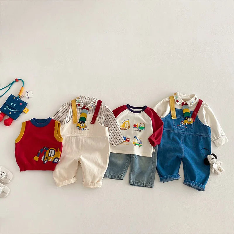 MILANCEL Spring Kids Shirts 9M-5T Cartoon Colorful Car Girls Blouse Engineering Vehicle Series Boys Clothes Children Pants