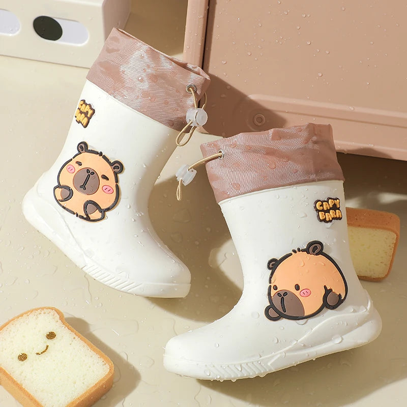 One Pairs of toddler Mid-Calf Rain Boots For Boy and Girl Comfortable Soft Sole Capybara Rubber Water Shoes Elastic Band