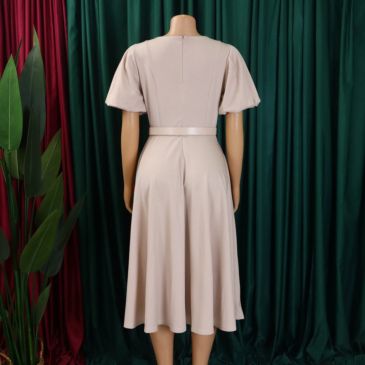 Elegant Office Dress for Women Professional O Neck Short Sleeve Belt Waisted A Line Mid Calf Formal Business Work Dress Midi New