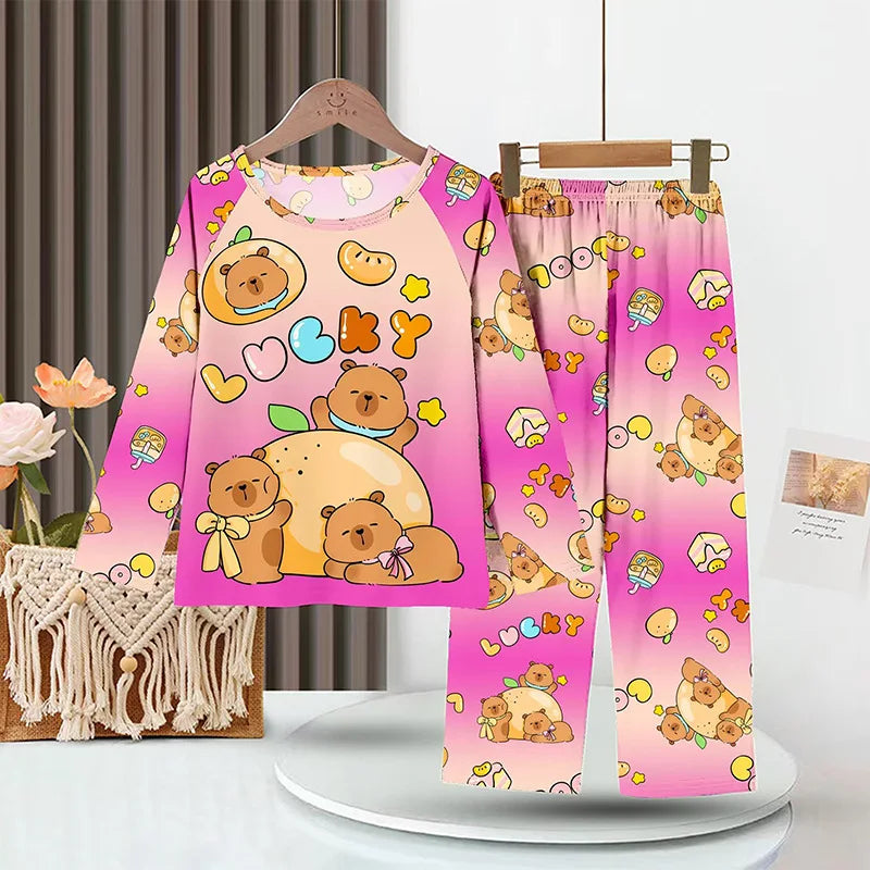 Capibara Kids Pajama Sets Long Sleeve Loungewear with Cute Animal Print Soft Sleepwear for Boys Girls Cartoon Sleepwear Outfit