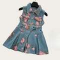 Kids Children 2 - 8 Y Baby Girls Sleeveless Floral Printed Denim Dress with Stylish Belted Design Fashion Summer Outfit