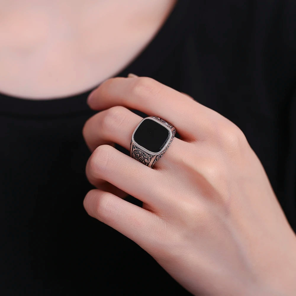 Men‘s Black Onyx Ring, 12x14mm Square Gem Carved Vintage Sterling Silver Band, Bold Gothic Statement Jewelry Gift for Him