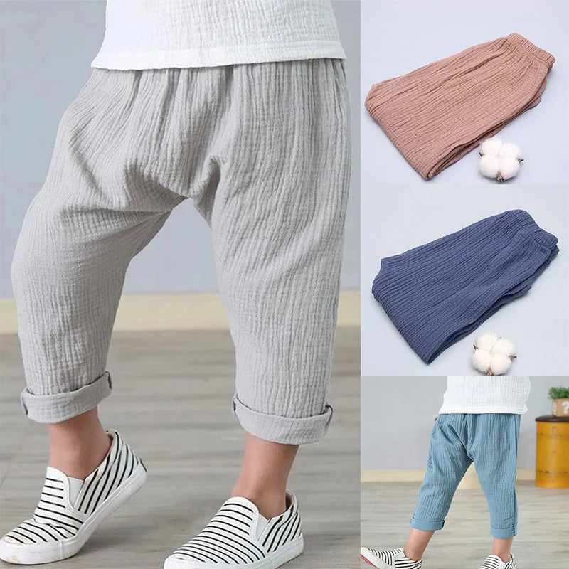 1-6Y Kids Pants Boys Girl Summer Harem Linen Pleated Trousers Children Pants for Baby Boys Cotton Linen Solid Color Casual Pants