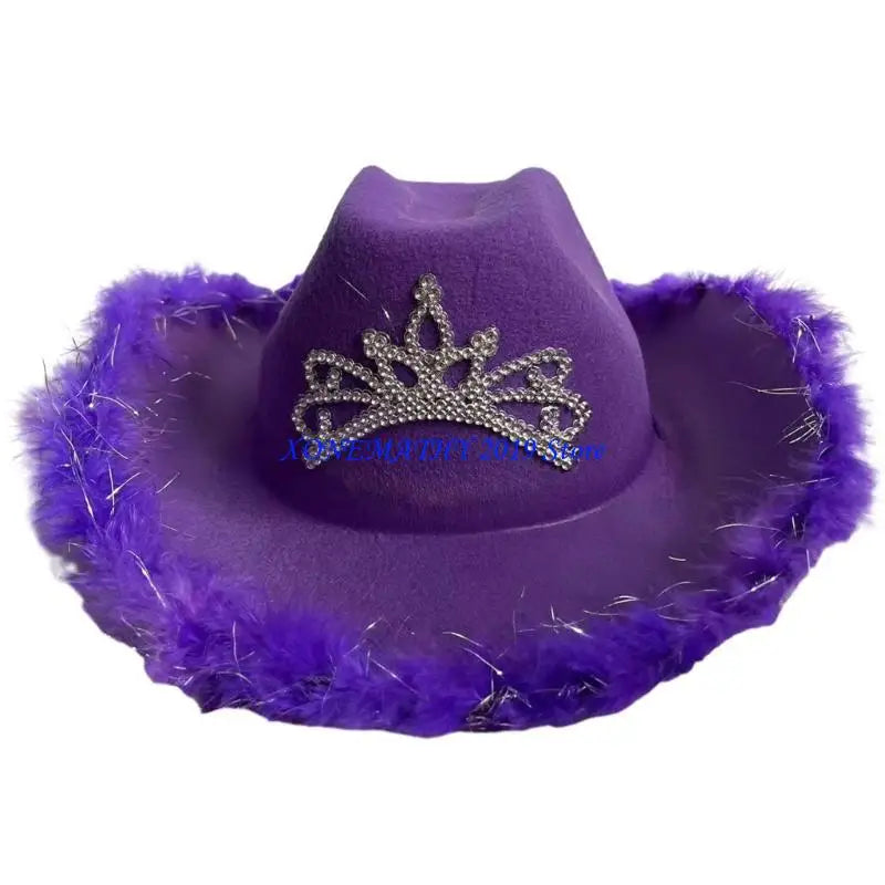 F42F Funny Party Hats Cowgirls Hat Furry Trims Ladies Western Hats for Womens Fedoras Western Cowgirls Hat Vintage
