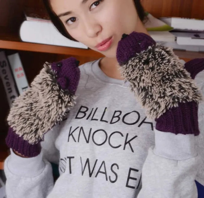Women's All Finger Cartoon Hedgehog Gloves Cute Girls' Winter Knitted Gloves
