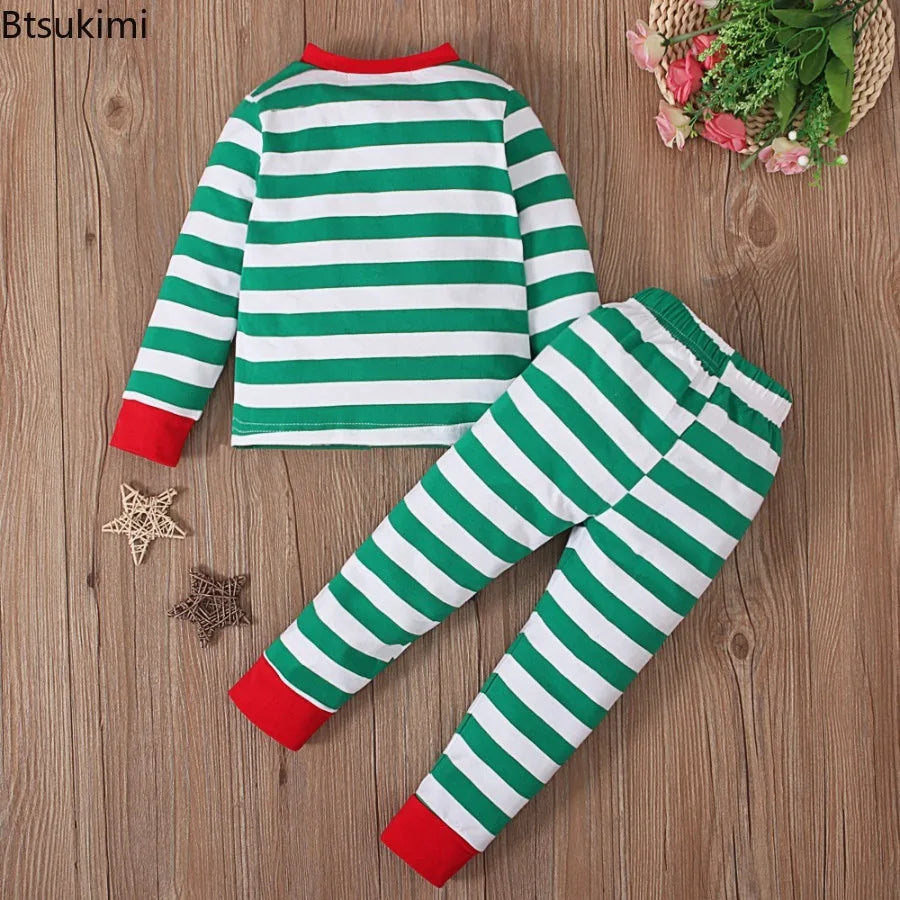 2026 Kids Christmas Cosplay Costume Long Sleeve Pants Pajamas Sets Boys Girls Striped Home Sleepwear 2 Pieces Children Xmas Look