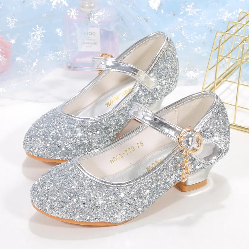 2025 New Children High Heels Red White Pink Sliver Girls Sequin Princess Shoe Four Seasons Students Dance Performance Show Shoes