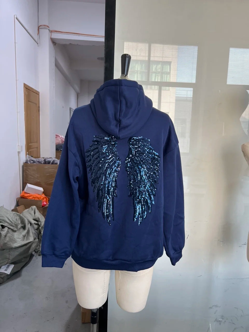 2025 Fashion Whiter Wing Glitter Patchwork Hoodies Women Casual Full Sleeve Lace Up Pocket Top Autumn Winter High Street Outfits