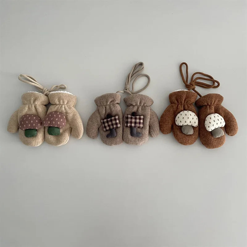 Children's Gloves 2025 Autumn Winter New Ins Mushroom Thick Glove Baby Boys And Girls Hanging Neck Children's Snow Mittens