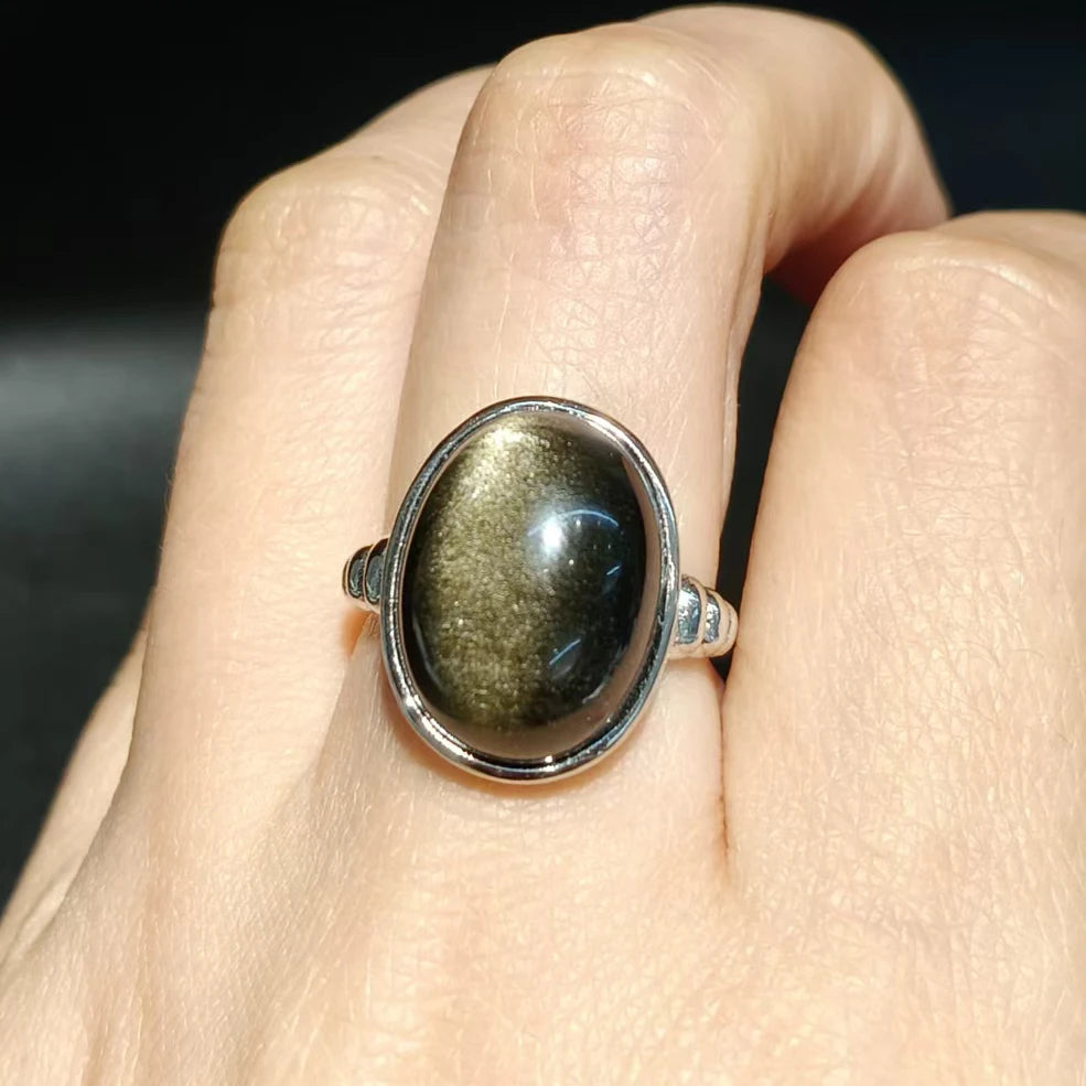 100% natural gemstone silver obsidian gold obsidian ring for men adjustable copper-plated silver rings jewelry gift