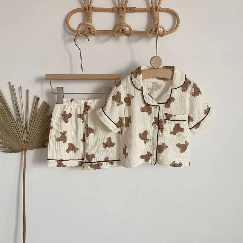 2Pcs Autumn New Kids Pajamas Korean Long Sleeve Print Bear Cardigan And Pants Cotton Musline Yarn Sleepwear