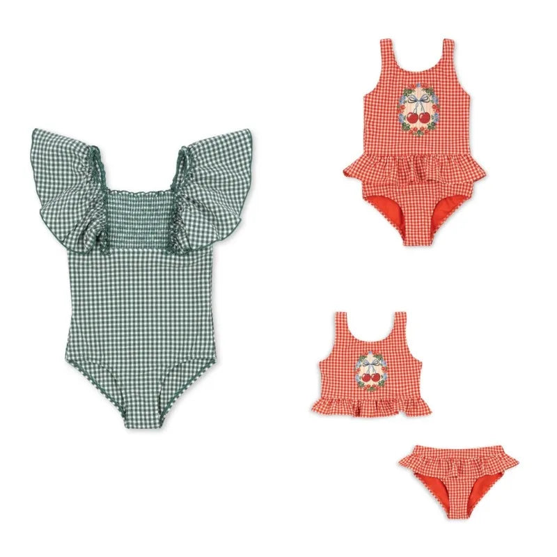 Kids Swimwear for Girls Bikinis Bebe Swimming Baby Girl Swimwears Cherry Grid Two Pieces Sunscreen Swimsuit   Children Swimsuits