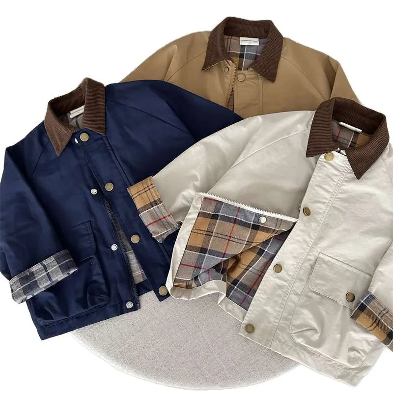 Spring Autumn Kids Boys Jacket Plaid Spliced Pocket Long Sleeve Toddler Boys Outerwears Coat Children Boys Jacket