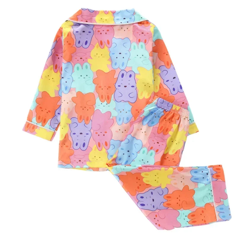 Girls Pajama Set Air-Condition 2pcs Outfit Children Casual Home Clothes Kids Cartoon Rainbow Rabbit Print Nightgown