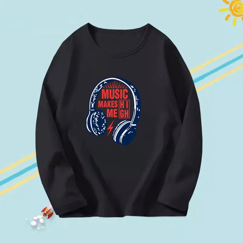 Kids Long Sleeve T-shirts Casual Boy Spring Autumn Base Tee Tops Big Boy Music Fashion T-shirts