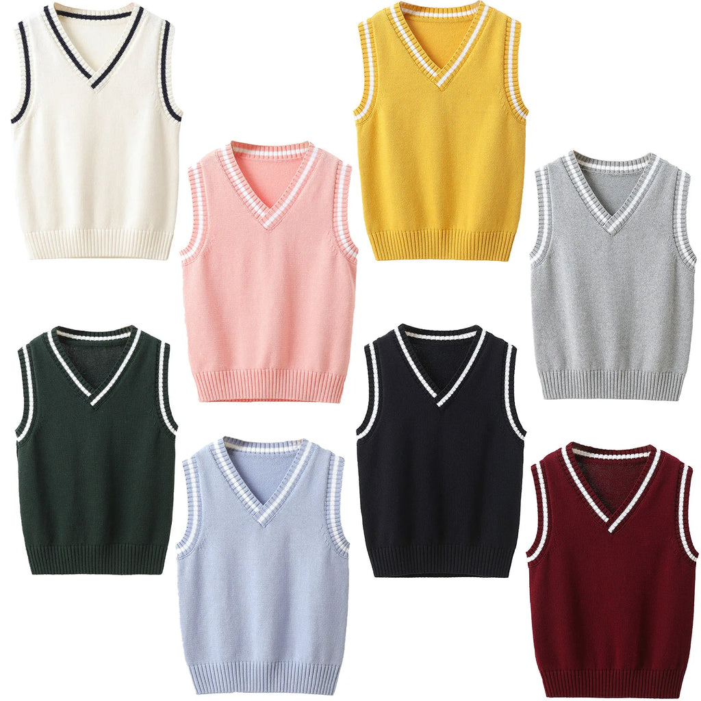 Kids Boys Girls Preppy Style Sweater Vest Fashion V Neck Knitted School Uniform Waistcoat Tops Children Spring Autumn Outerwear