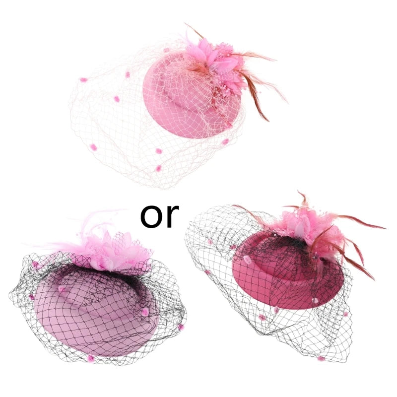 Fascinator Hats for Women Pillbox Cap with Flower Furry Mesh Veils and Hair Clip Party Headwear Headdress